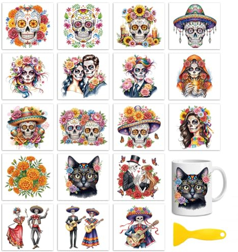 Peacoblue 18 Sheets Rub On Transfers for Crafts, Day of The Dead UV DTF Cup Wrap Waterproof Cold Transfers Stickers for Wood Glass Home Decor 3.6 * 3.9inch