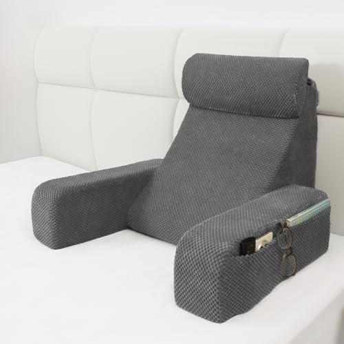 Vekkia 19 Lesekissen für Bett und Sofa, Lesekissen für Erwachsene | Rückenlehne, Armlehnen, Großen Taschen, Ideal zum Entspannen, Fernsehen, Stillen, zur Erholung und zum Spielen, Grau
