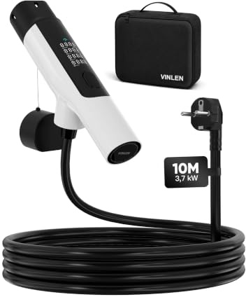 Chargeur Voiture Électrique Type 2 3,7kW IP65, 10m [8/10/13/16A]–Fiche Schuko renforcée, Écran LED intégré au Pistolet, Compatible avec 5E-Tech, Model Y, ë-C3, Scénic E-Tech, e-208 et Autres EV/PHEV