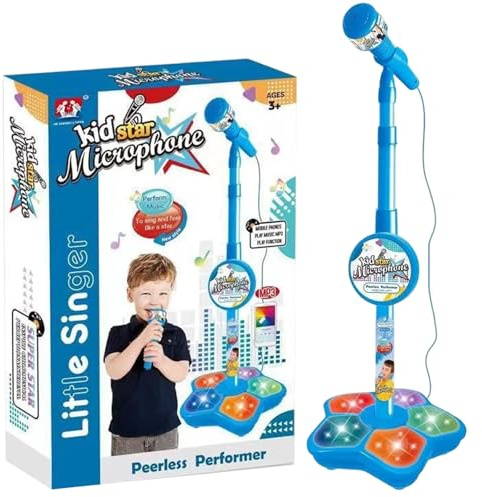 The All-in-One Microphone Toy, Portable Kids Karaoke Machine, Kids Microphones with Stand, with Flashing Stage Lights and Pedals, Guitar Toys for Fun Musical Effects (Blue, Microphone)