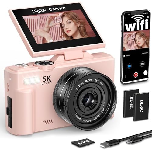 Digitalkamera 5K 75MP Kamera Fotokamera und Vlogging mit WiFi, 64GB Karte, 18X Digital Zoom, 180° Selfie Digital Camera Kompaktkamera Fotoapparat für Reisen, YouTube, Anfänger und Erwachsene (Rose)