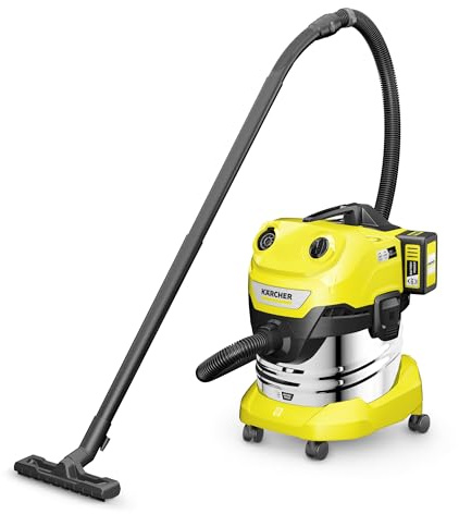 KÄRCHER Akku-Nass-/Trockensauger WD 4-18 S Dual Battery Set, 36-V-Motor, Edelstahlbehälter: 20 l, Blasfunktion, Flachfaltenfilter, Vliesfilterbeutel, Saugschlauch: 2,2 m, Bodendüse, mit Akku