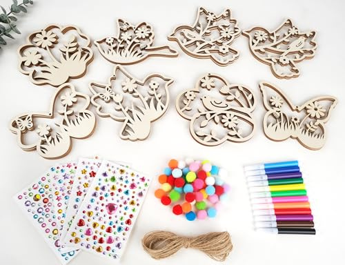 ARTREE 24 Holz Bastelset Kinder, Anhänger zum Bemalen für Mädchen ab 4 5 6 7 8 9 10 Jahren - DIY Kreativset Kindergeburtstag mit Stiften & Stickern, Deko & Geschenk für Frühling, Ostern & Geburtstag