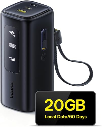 Baseus MIFI - Router wireless portatile, 20000 mAh, 67 W, porta USB-C con cavo di ricarica retrattile (4G/LTE fino a 150 Mbit/s, carica 50 Mbit/s, hotspotl), per viaggi, camper, ufficio e altro ancora
