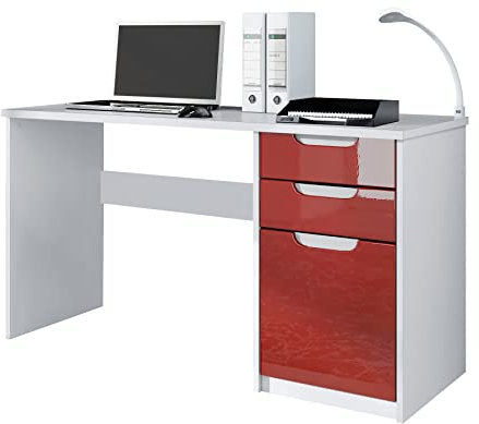 Vladon Schreibtisch Logan, Made in Germany, Bürotisch mit 2 Schubladen und 1 Tür, Weiß matt/Bordeaux Hochglanz (129 x 76 x 60 cm)
