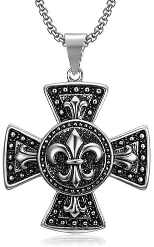 BOBIJOO Jewelry - Imposant Médaillon Pendentif Croix pattée Templier Chevalier Fleur de Lys Acier Collier Chaîne