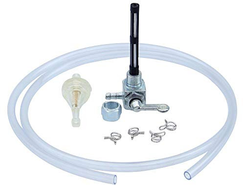 Benzinhahn Set, M12 x 1, Abgang links, ohne Wassersack, Metall-Hebel + Filter, Schlauch und Klammern