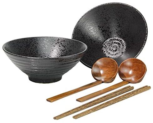 Lanbent 2 Juegos (6 Piezas) de Tazón de Sopa de Ramen Japonés de Porcelana, Grandes Ensaladera de con Cuchara y Palillos, Apto para Lavavajillas y Microondas para Fideos Asiáticos, Negro (20cm)