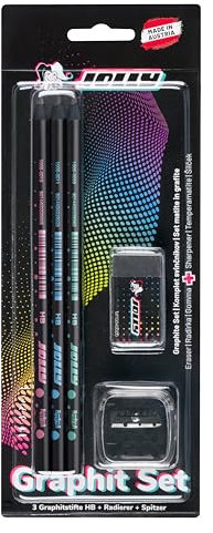 JOLLY Next Generation Graphit Set 3 Graphitstifte HB Schwarzes Holz, Runde Stiftform mit dezentem Design inkl. schwarzem Radierer und Spitzer