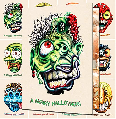 PIXILUV Gruselige hässliche Monstergesichter, Grußkarten, 12 große Karten, gruselige hässliche Mosnter-Gesichter, Karten für Halloween, Vintage-Halloween, Comic-Postkarten, Nachdruck