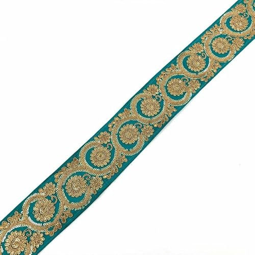 Jade Teal Fancy Flower Swirls Zari Paillettenborte Bordüre Indian Ethnic (9 Meter Rolle, Jade/Blaugrün) X68