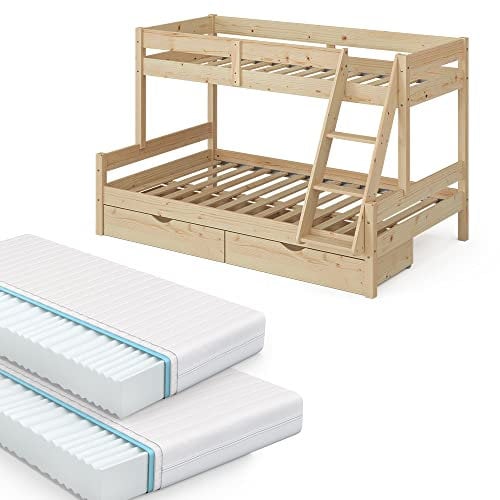 VitaliSpa Etagenbett Everest, Naturholz, 120x200 / 80x200 cm mit 2 Matratzen und 2 Schubkästen