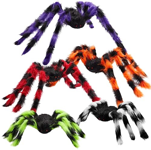JOYIN Bunte Halloween Spinnen Set (5 Stück), riesige gestreifte haarige Spinne Requisiten, gruselige Spinnen mit verschiedenen Größen für Halloween Indoor Outdoor Dekorationen Party Supplies