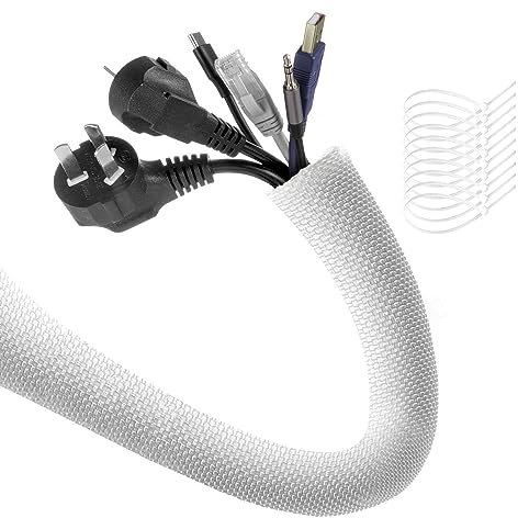 AGPTEK Kabelschlauch 3m-20mm, selbstschließend Kabelkanal, zuschneidbar Kabelmantel, Flexibler Kabelmanagement für Hause, Büro, Automobilkabel, Heimkino, Nylon Kabelschutz für Hund, Katze, Weiß