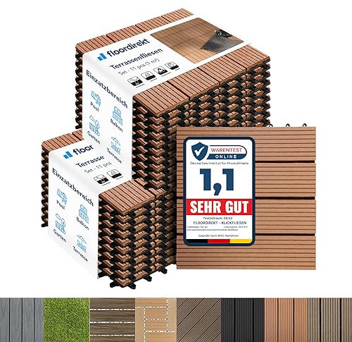 Floordirekt WPC Fliesen 30x30 cm, 2m² = 22 Terrassenfliesen, Klickfliesen, Balkonfliesen in Holzoptik - Bodenbelag für Balkon & Terrasse - wetterfest mit Drainagefunktion | Hellbraun | Royal