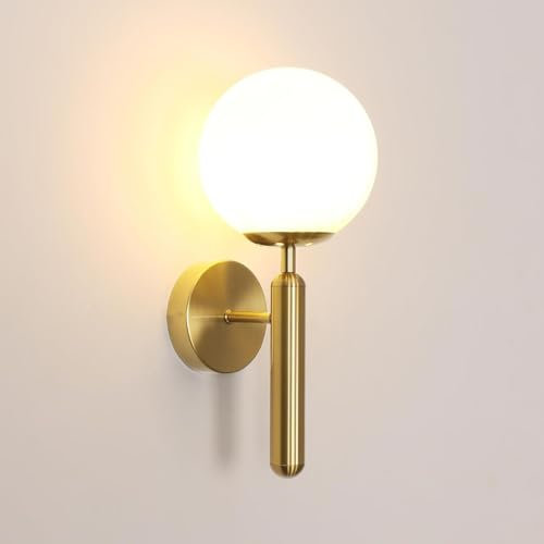 Comely Wandlampe Innen Gold, Vintage Wandleuchte LED Industrial Design, Wandstrahler Schlafzimmer mit Glaskugel Lampenschirm E27 für Wohnzimmer, Flur, Treppenhaus