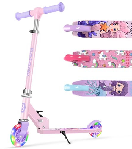 BELEEV V1Pro Roller Kinder 3 Jahre, Klappbar Scooter Kinder mit LED Leuchtende Räder, 4 Höhenverstellbare, Rutschfestes Deck, Kinderroller 6 Jahre, 2 Rad Tretroller für Mädchen Jungen 3-12 Jahre