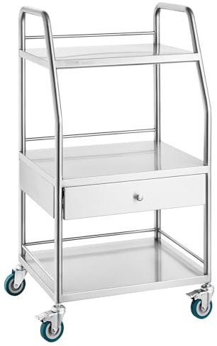 VEVOR Chariot de Laboratoire en Acier Inoxydable, Chariot Médical Dentaire à 3 Niveaux et 1 Tiroir, avec Roues Verrouillables, Charge 100 kg, Équipement pour Laboratoire Salon Hôpital, Argent