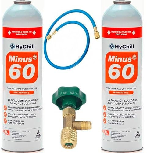 REPORSHOP - 2 Flaschen Gas ökologisch Minus 60 350 g + Ventil + Ersatzschlauch R32, R410A Freeze Bio