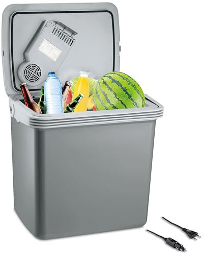 KLAMER elektrische Kühlbox, Kühlbox 25 Liter mit Kühl- und Warmhaltefunktion, 2 Anschlüsse: 230V & 12V für Zigarettenanzünder, Auto Kühlbox für Camping, Garten & Ausflüge, grau