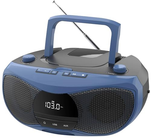 LONPOO Lecteur CD Portable | Boombox stéréo Bluetooth 5W | Bouton Rotatif de Radio FM | Bouton d'ouverture du Couvercle de Voiture | Grand écran LCD | Ports USB/AUX/Casque cachés