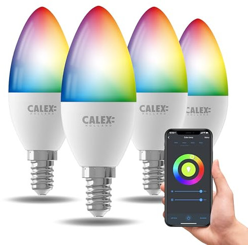 CALEX Smart LED Lampe, E14, B35 Kerze, RGB-Farben & kalt- bis warmweiß Licht, dimmbar, WLAN App- & Sprachsteuerung, 4er Pack
