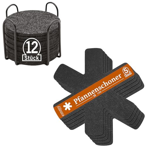 Emmy Home Pfannenschoner 5 er und Untersetzer Rund für Gläser 12er Set - Pfannenschutz Filz 38 cm Extra Dicke Topfuntersetzer Stapelschutz Anpassbare Größe Topfschoner Set