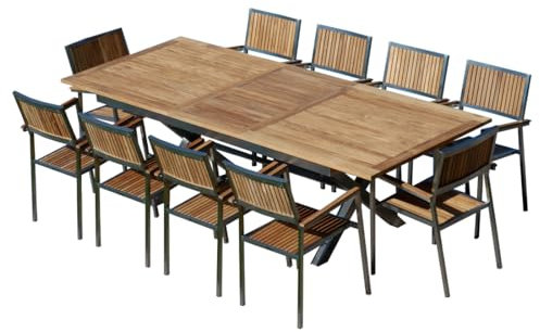 ALEOS. Gartengarnitur Edelstahl Teak Set: Ausziehtisch 200-260x100 cm + 10 stapelbare Sessel Edelstahl Teak A-Grade Holz Sitzgruppe - Gartenmöbel Set 10 Personen Gastronomie Qualität