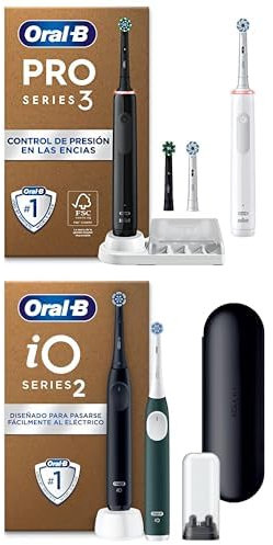 Oral-B iO Series 2 Elektrische Zahnbürste, DUO Pack, Reise-Etui, Aufsteckbürsten-Etui Night Black, Forest Green + Oral-B Pro Series 3 Doppelpack Elektrische Zahnbürste, 4 Aufsteckbürsten, Black/White