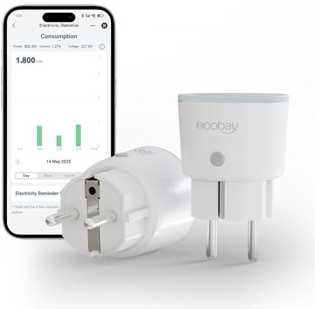 ECOBAY Matter Steckdose 2er Pack, WLAN Smart Steckdose mit Tuya App, Sprachsteuerung, Stromverbrauch, 16A / 3680W, funktioniert mit Alexa, Google Home & Apple HomeKit