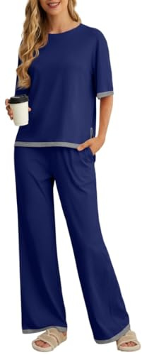PrinStory Pyjamas For Women UK Summer Short Sleeve Pyjamas Crew Neck Nightwear Colour Clashing Side Split Loungewear Sets (Navy Blue, L)