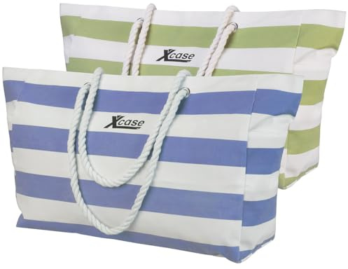 Xcase Bade-Taschen: 2er-Set wasserabweisende Strandtaschen, blau/weiß und grün/weiß (Canvas-Strandtaschen, Strandtasche mit Reißverschluss, Tasche)