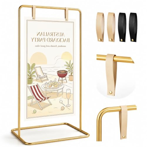 Wedding Sign Holder, Adjustable Welcome Sign Stand, Heavy Duty Metal Sign Easel with Leather Sign Hanging Strap, Wedding Welcome Sign for Parties, Baby Showers, Graduations (Gold)