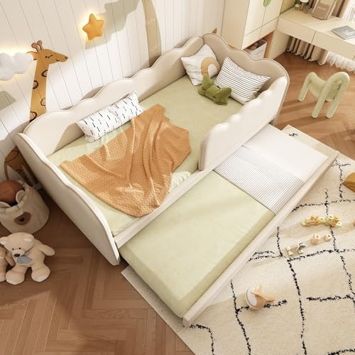 Dolamaní Polsterbett Kinderbett 90x190 cm mit Ausziehbett 90x190 cm, Daybett Kinder, Sicherheitsdesign für Leitplanken, Leinen, ohne Matratze (Beige)