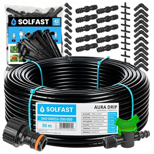SOLFAST Tropfschlauch Set 50 m 16 mm – 92-teiliges Bewässerungssystem, Tropfbewässerung für Garten, Gewächshaus und Pflanzenbewässerung