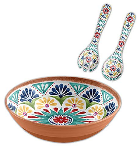 Purely Home Mediterranean - Outdoor/Camping/Picnic - Melamine/Plastic Salad Bowl & Servers Set (Rio Medallion)