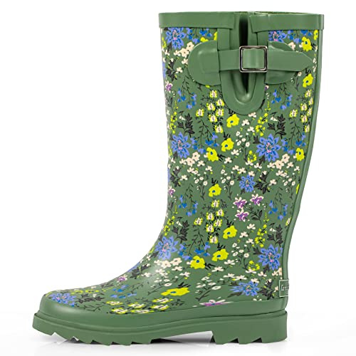 landchief Rain Boots for Women, Waterproof Ladies Tall Knee High Rubber boots,Comfort Garden Boots Anti-Slip Mid Heel Women Rain Shoes Outdoor, Green, 9