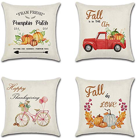 Artscope 4er-Set Dekorativ Kissenbezug 45 x 45 cm, Herbst-Thema Polyester Leinen Kissenbezüge Dekokissen Kissenhülle Set Kissen Fall für Sofa Auto Schlafzimmer Zuhause Dekor (Kürbis - F)