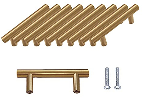 SPDYCESS 10 Stück T Bar Möbelgriffe, Gebürstete Schranktürgriffe | Griffe aus Edelstahl mit Schrauben, Gold Schubladengriffe für Küche 64mm Lochabstand 64mm Lochabstand