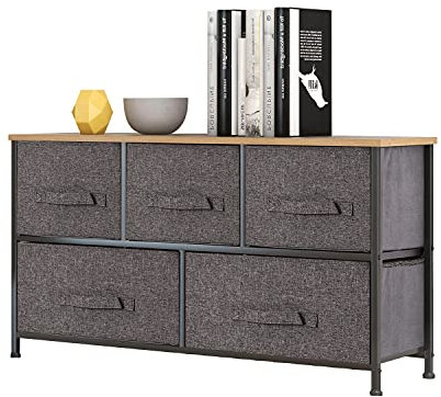 Mondeer Kommode mit 5 Vlies-Schubladen,Stabiler Eisenrahmen,Holzplatte,geeignet für Schlafzimmer,Wohnzimmer,Flur,Grau