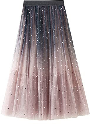 SotRong - Gonna pieghettata in tulle a strati da donna, gonna elastica a vita alta, a trapezio, gonna midi in chiffon a rete con decorazione floreale, E-rosa, Taglia unica