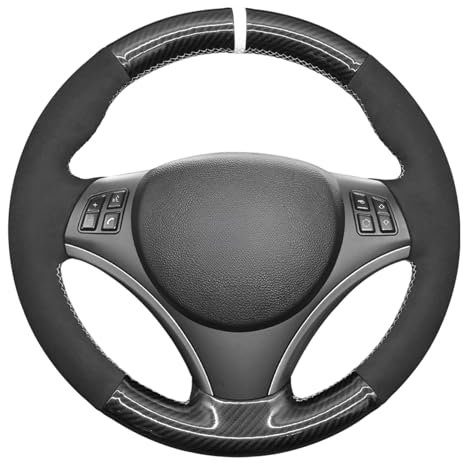 MEWANT Lenkradbezug für BMW 1 Series E81 E82 E87 E88 / 3 Series E90 E91 E92 E93 325i 330i 335i E87 120i 130i 120d - PU-Kohlefaser & Wildleder - Schwarz, Carbon Fiber