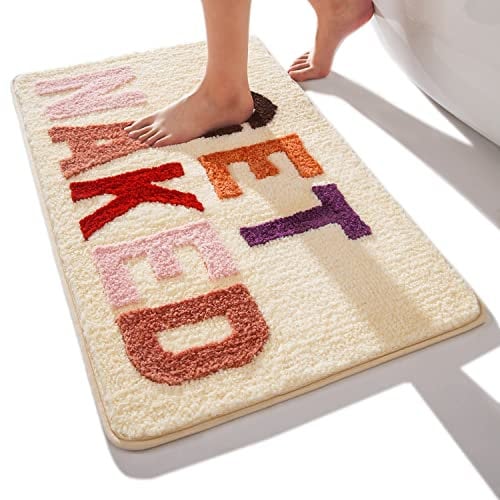 QJHOMO Get Naked Badematte Beige Badezimmermatten 50 x 80 cm, rutschfeste Badematten für Badezimmer, Bunte Buchstaben, weiche Mikrofaser, maschinenwaschbarer Teppich