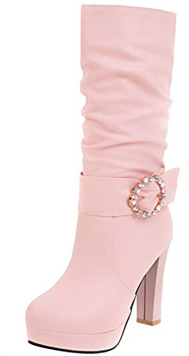 Diuniarza Bottes Mi-Mollet à Talons Hauts Pour Femmes, Bottes de Fête Bloc A Enfiler Bout Rond Boots Elegant avec Plateforme, 22165Gjf Rose Taille 35 EU