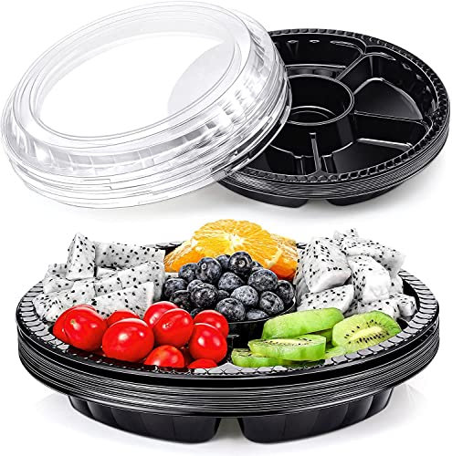 ESHLEY 20 bandejas de plástico para aperitivos con tapa, surtido de una sola vez, bandeja de servicio, bandeja de servicio para frutas, verduras, aperitivos (negro, 6 rejillas)