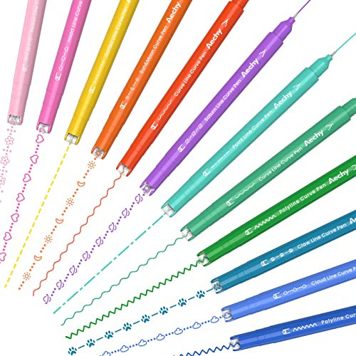 AECHY 12 bunte Kurven-Notizstifte, 10 verschiedene Kurvenformen und 12 Farben von Stiften mit doppeltem Ende und feinen Linien, Kurven-Highlighter-Set für Kinder, Tagebuch, Notizen, Zubehör