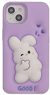 QoKcoahn Fall für iPhone 13 Pro, Nette 3D Kawaii Telefon Cases Lustige Bunny Purple Cartoon Abdeckung mit Schlüsselbund Weiche Silikon Gel Drop Protection für iPhone 13 Pro
