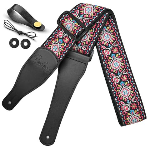 Sangle de guitare en coton brodé jacquard avec extrémités en cuir Sangle d'épaule pour basse, acoustique, guitare électrique, Jacquard Rose Rouge, taille unique