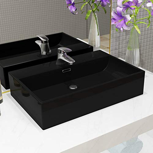 HIGSOSE Lavandino con Foro Rubinetto Ceramica 60,5x42,5x14,5 cm Arredo Bagno Lavello da Esterno Lavello Bagno Lavabo da Appoggio Lavabo Sospeso Mobile Sospeso Bagno Nero Lavatoio Ceramica