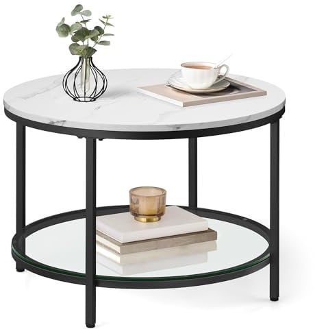 VASAGLE Coffee Table, Living Room Table, Sofa Cocktail Table Faux Marble Round, Tempered Glass Storage Shelf, Easy to Assemble, Modern Style, for Living Room, Marble White and Ink Black LCT072W13